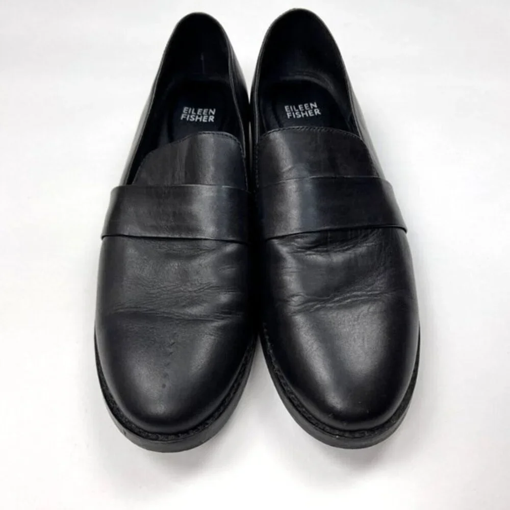 Eileen Fisher Hayes Smooth Leather Loafer Women 9 EUC Slip on 1'' Platform Black